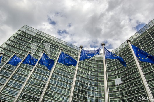 Picture of EU flags in front of European Commission in Brussels